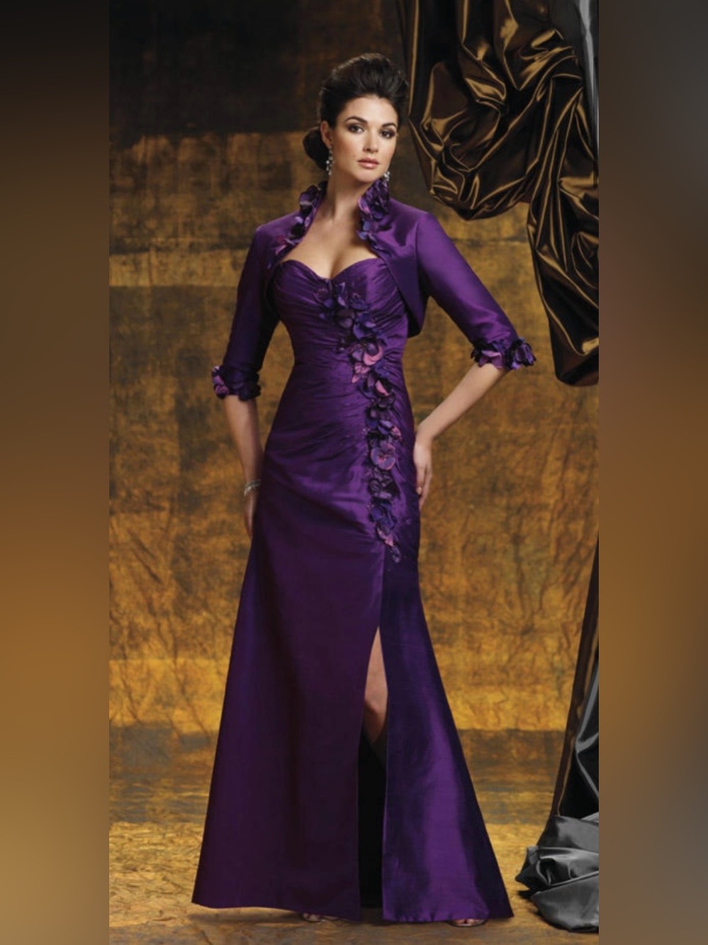 Montage Elegant Purple Floral-Appliqué Maxi Dress with Bolero